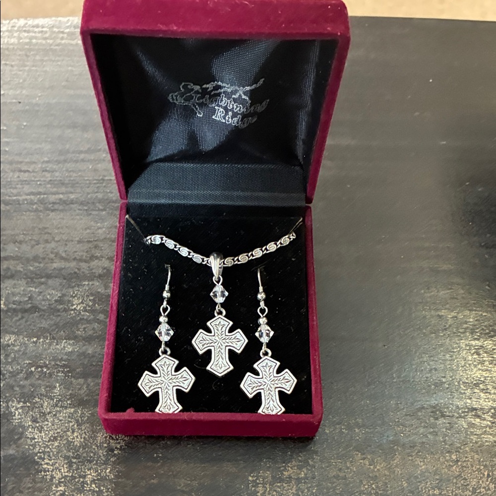 Intricate Silver Cross Necklace and Dangle Earring Set - Women Jewelry